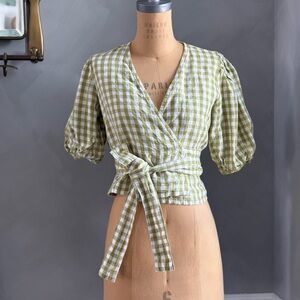 NotPERFECTLINEN MADRID cropped wrap top in Lime/White Gingham XS